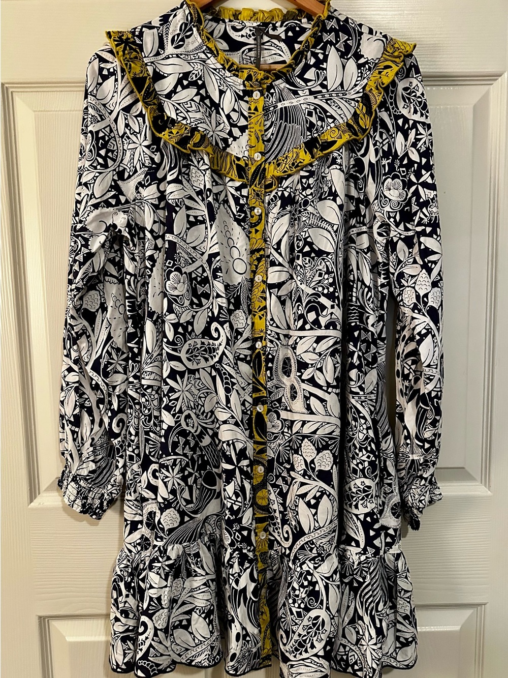 Bl-nk Anthropologie Black White Yellow Floral Ruffle Button Front Mini Dress M